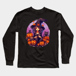 Halloween Witch Black Cats Jack-o-Lanterns Long Sleeve T-Shirt